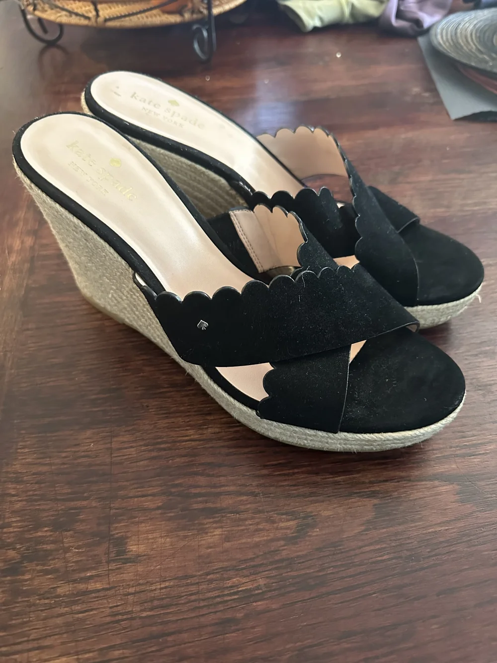 kate spade Black Scalloped Espadrille Wedge Sandals